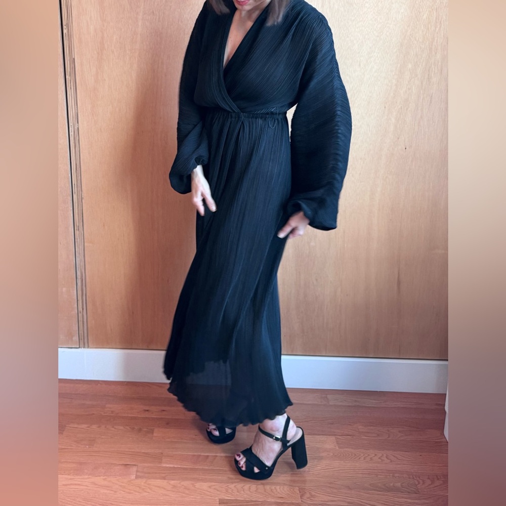 Rare 1978 Halston IV Pleated Black Wrap Dress w/ Balloon Sleeve petite medium M - Picture 3 of 15
